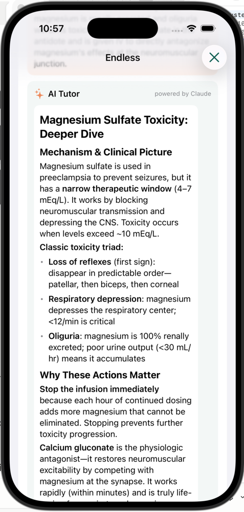 AI Tutor explaining a missed question — Magnesium Sulfate Toxicity