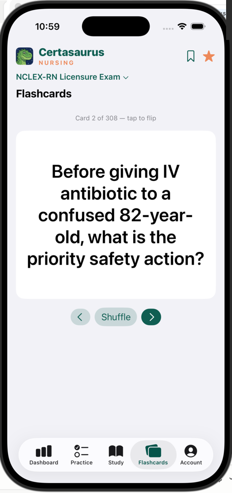 Flashcard — Before giving IV antibiotic to a confused 82-year-old, what is the priority safety action?