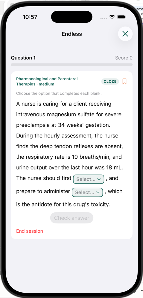 NGN Cloze drop-down item — fill in the clinical statement