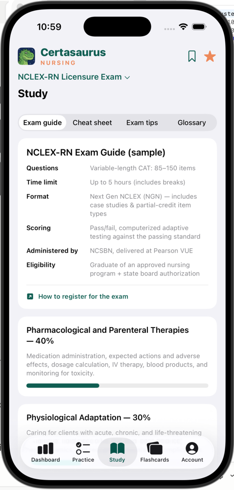Study guide with exam facts and per-domain progress